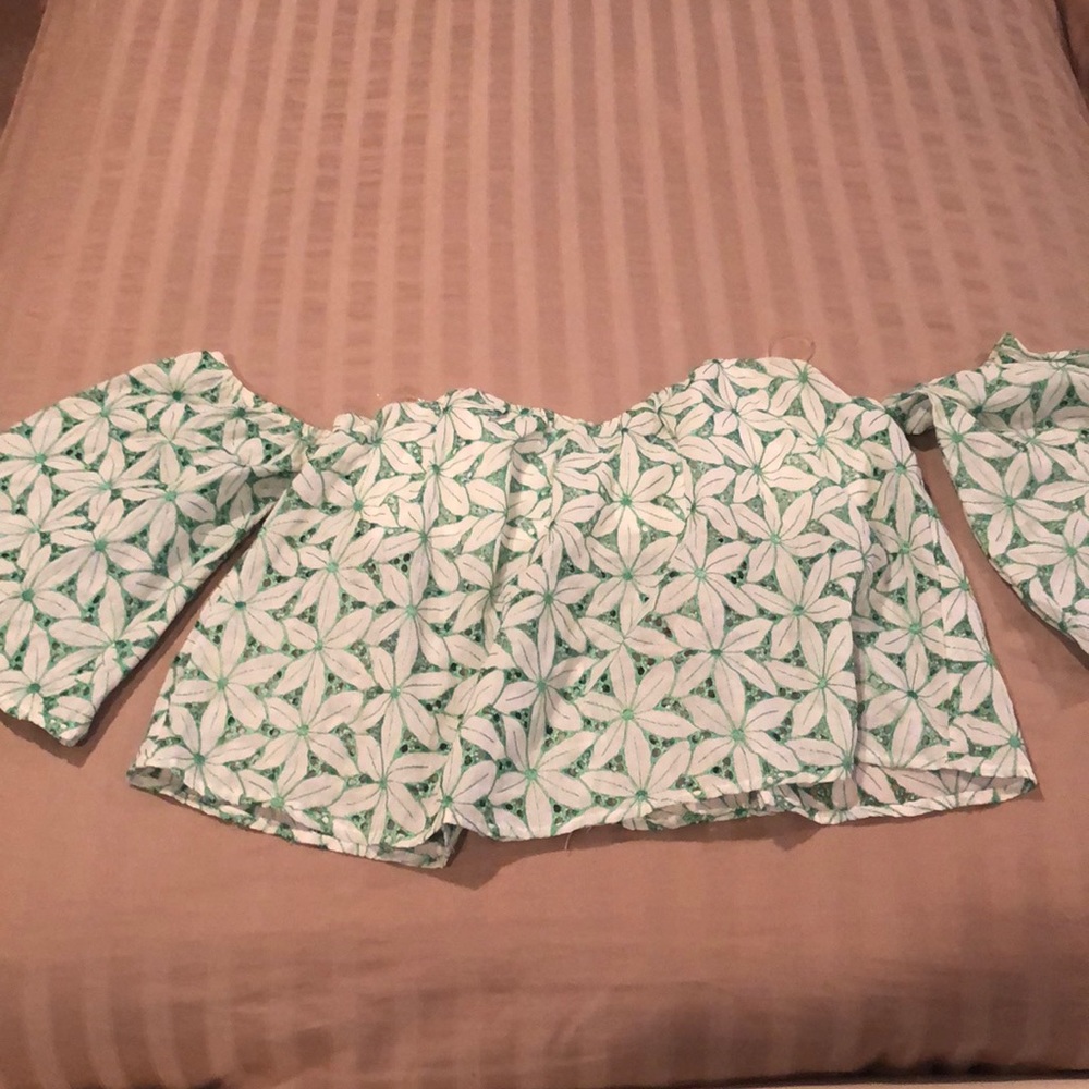 Green and white floral strapless top